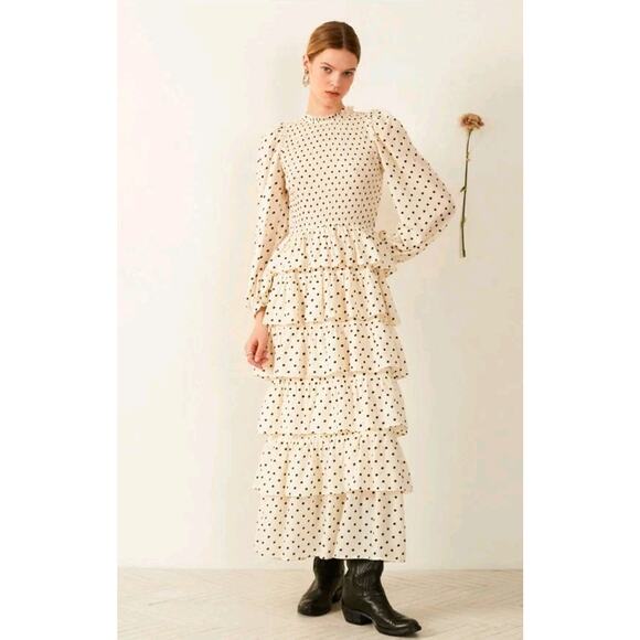 Alix Of Bohemia Shelby Cream Dot Smocked Dress Long Sleeve Maxi Size Large - Picture 1 of 13